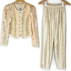 Jeanne Marc Collection Vintage Set 2 Piece Crinkle Jacket Pants Beige Gold XS S